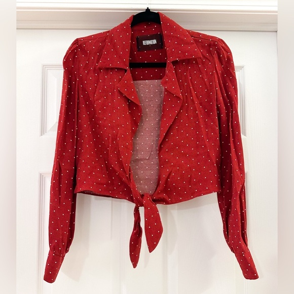 Reformation Dottie Red Polka Dot Tie Front Long Sleeve Cropped Blouse Crimson XS - Picture 7 of 10